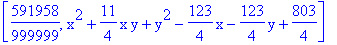 [591958/999999, x^2+11/4*x*y+y^2-123/4*x-123/4*y+803/4]